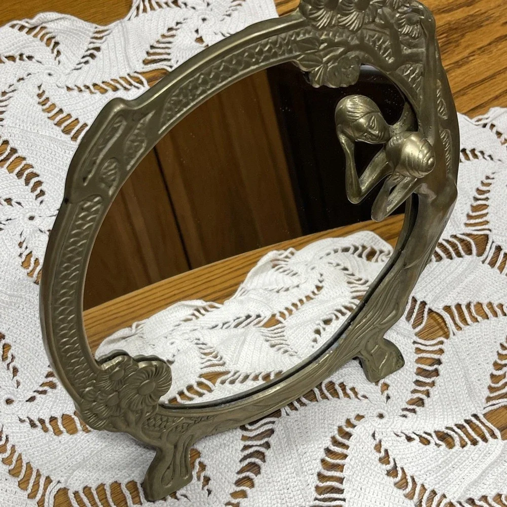 Vintage Art Nouveau Brass Mirror Lady of Lake Flower Vanity Frame